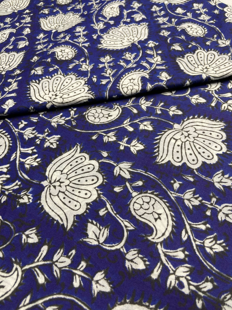 The Block Print 100% Cotton Bagru/jaipur Fabric White/cobalt Blue Lotus ...