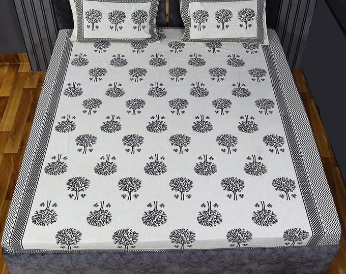 Artisan Jaipur Hand Block Printed Flat Bed Sheet Set – Gold/Black Design for Queen/King Size with 2 Matching Pillow Covers