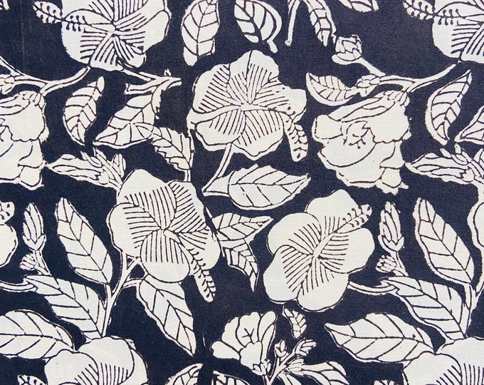 Beautiful Black and white Hibiscus hand block print cotton fabric Indian Fabric, fabric by yard, Block Printed Cotton women clothing FAB444