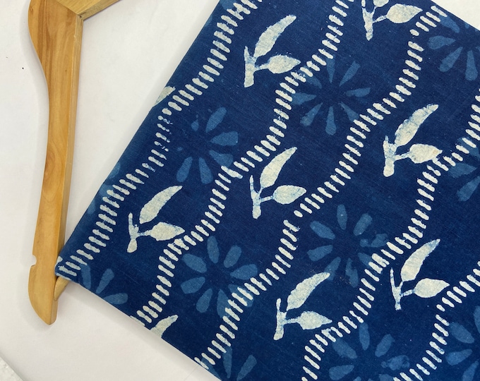 Indigo/Dabu/Blue block print fabric Hand Printed Indian Fabric Natural Vegetable Dye Tablecloth Sewing Fabric, fab-449