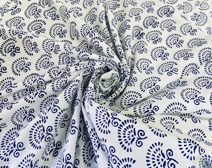 White and Indigo Hand block print, floral print, soft cotton fabric, Fabric modern floral fabric women's dress fabric Fab002