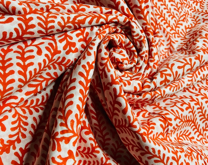 Block print  fabric 100% cotton in White Background Orange Print floral design fabric FAB506