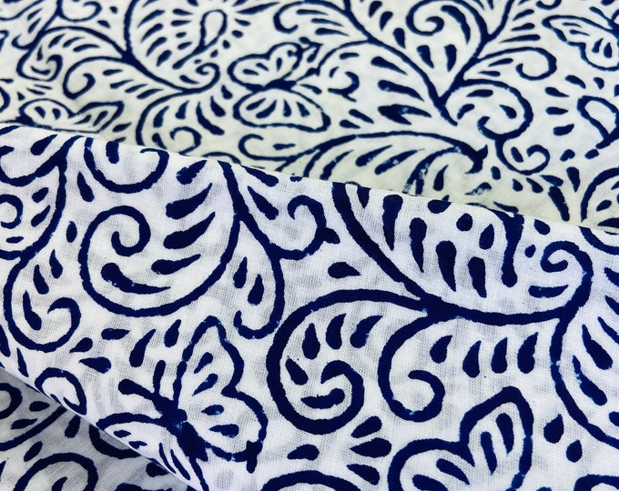 Indigo/Blue Flowers Butterfly Print Fabric, Hand Block Print Cotton Fabric, Sold by yard, Block print Dress Fabric Bagru Print Fabric Fab001