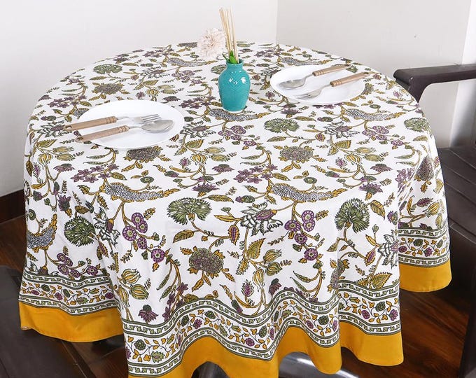 Burnt Orange, Olive Green Floral Indian Hand Block Printed Round Tablecloth, Cotton Table Cover, Housewarming Gifts, French Tablecloth