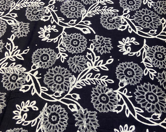 Black-White Beautiful Flower Hand Block Printed 100% cotton Fabric Geometric  fabric summer dress fabric floral print fabric FAB492