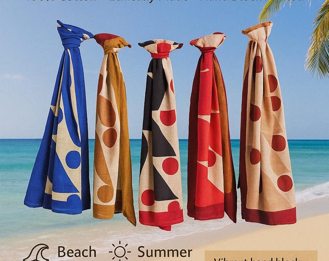 Hand Block Printed Cotton Beach Sarong | Lightweight Scarf, Pareo, Swim Cover-Up, Gift for Her, Indian Lungi