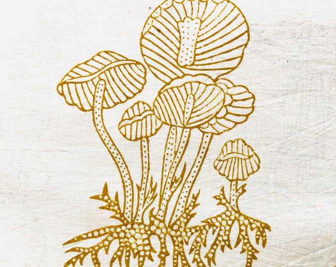 Mushroom and butterfly Indian hand Block Print Yellow/mustard/Golden Print fabric 100% cotton Fabric, fungi lovers,magic Mushroom,  FAB322