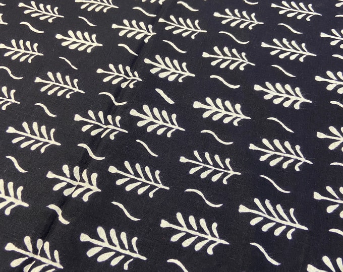 Beautiful Leaf Black and White  Hand Block Printed Fabric, Cotton Fabric, fabric by the yard, Block Printed Cotton women's clothing  Fab493