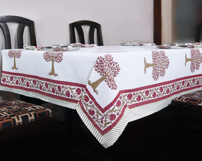 8 Seater Rectangular botanical Tablecloth with Napkin set, Jaipur Tablecloth Indian Block Print Cotton table Cover, Housewarming Gift