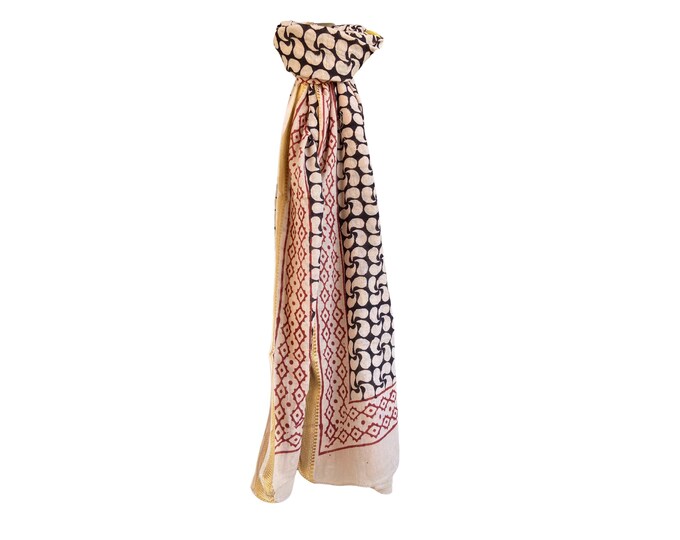 Hand Block Printed Cotton Zari Sarong | Beach Wrap, Scarf, Cover-Up, Shawl
