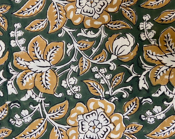 Green&Yellow Indian Floral Hand Block Printed 100% Cotton Cloth, Fabric by the Yard, Fabric for Curtains Pillows Dress Making Fabric fab549