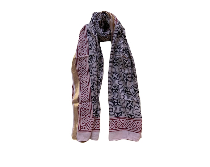 Hand Block Printed Cotton Zari Sarong | Beach Wrap, Scarf, Cover-Up, Shawl