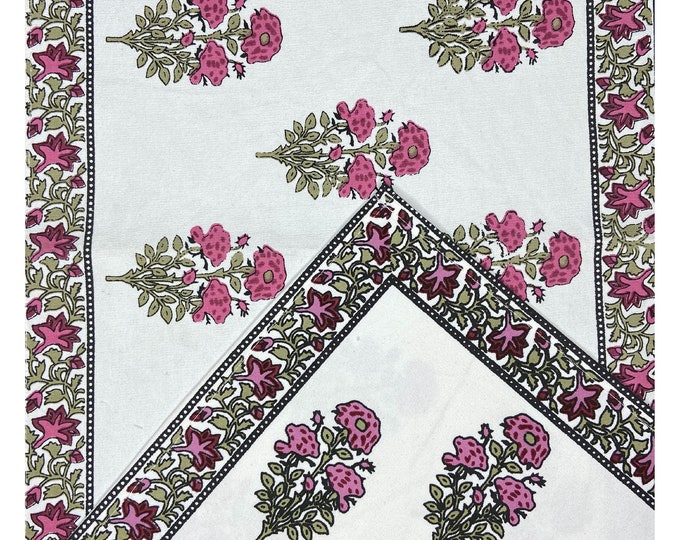 Rectangular Shades of Pink Bunch Floral set Cotton Canvas Fabric Bordered- 1 Table Runner 6 Placemats 6 Napkins/Serviette at Fabricwala