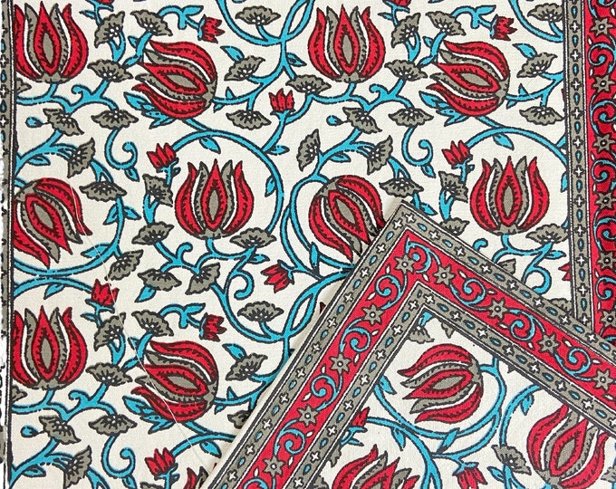 Rectangular Lotus Red Blue Floral set Cotton Canvas Fabric Bordered- 1 Table Runner 6 Placemats 6 Napkins/Serviette at Fabricwala
