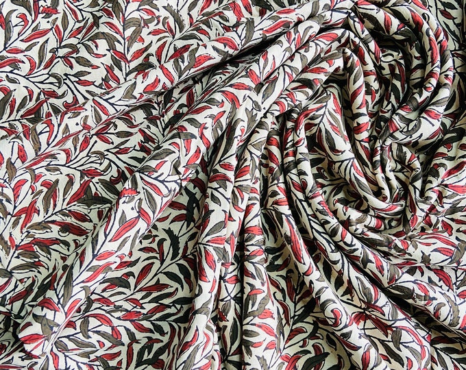 Beautiful Hand Block Printed 100 % cotton William Morris Willow Bough fabric in Red Green Leaves design British design fabric by yard