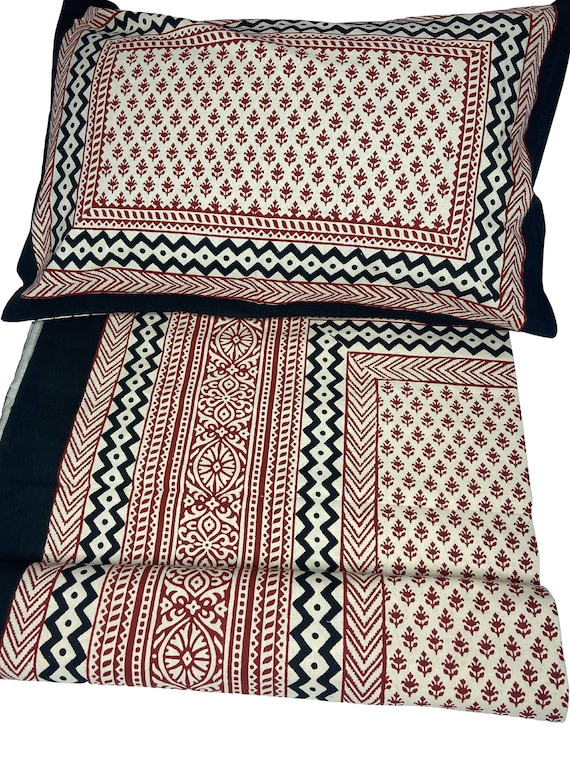 Rectangular Black Bordered Bagh Block Printed Bedsheet With 2 Pillow Covers Soft Comfy Bedspread Home decor Bedroom decor Fabricwala(90*108)