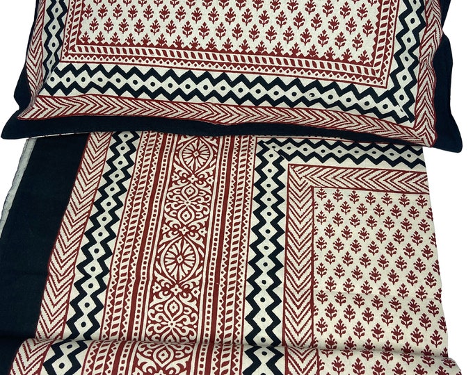Rectangular Black Bordered Bagh Block Printed Bedsheet With 2 Pillow Covers Soft Comfy Bedspread Home decor Bedroom decor Fabricwala(90*108)