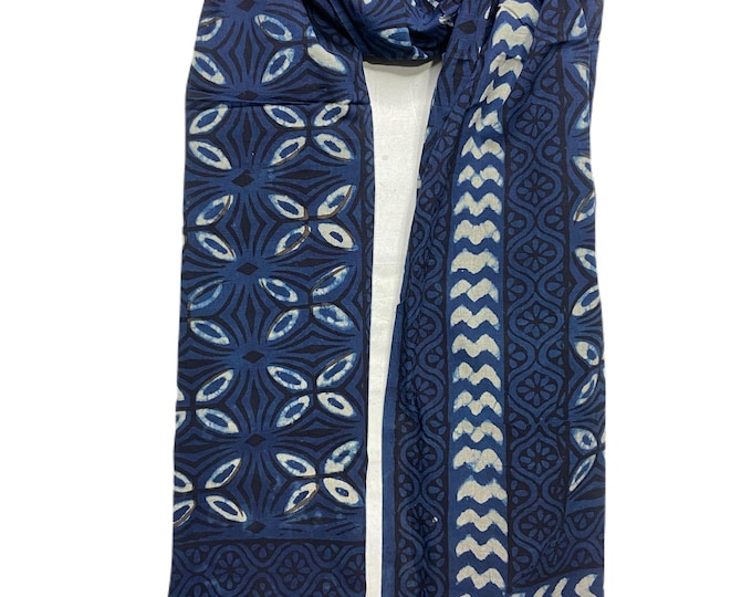 Indigo Hand Block Print Cotton Scarf, Beach Sarongs, Beach Wrap Sarong, Sarong, Indian Hand Block Printed Cotton Sarongs, summer Scarf