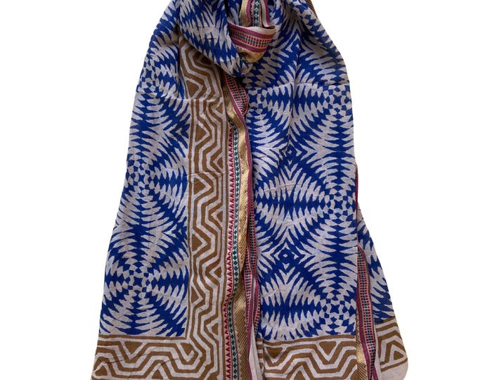 Indian Hand Block Printed Cotton Sarong | Jari Sarong, Beach Wrap, Summer Scarf, Lightweight Cotton Shawl