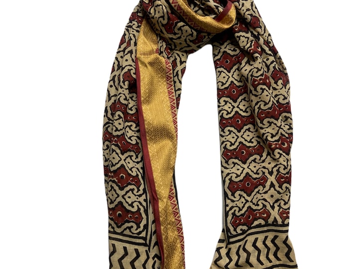 Hand Block Printed Cotton Sarongs with Golden Border, Stylish Beach Pareos & Party Scarves