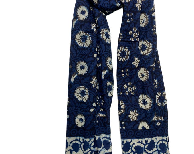 Indigo Hand Block Print Cotton Scarf, Beach Sarongs, Beach Wrap Sarong, Sarong, Indian Hand Block Printed Cotton Sarongs, summer Scarf