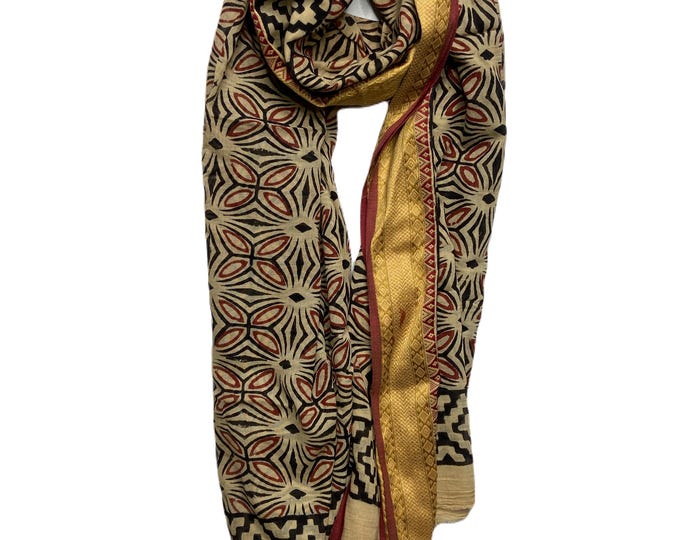 Golden Border Indian Hand Block Print Cotton Sarongs, Versatile Summer Scarves & Beach Wear