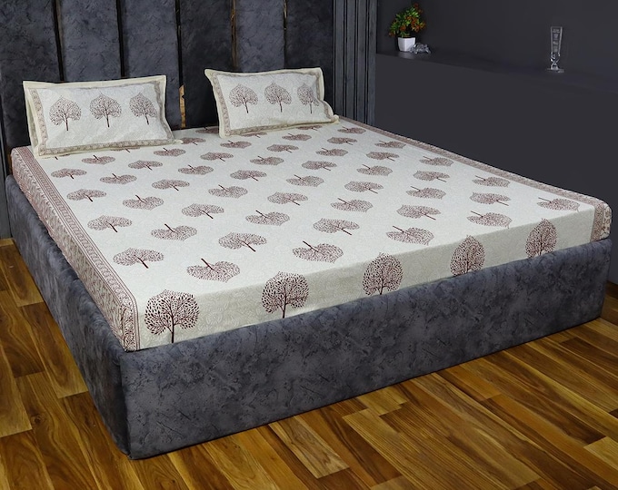 Jaipuri Hand Block Pink/Gold Printed  Queen Size Flat/Fitted Bedsheet with 2 Pillow Covers, Indian Cotton  Bedding Set for Home Décor
