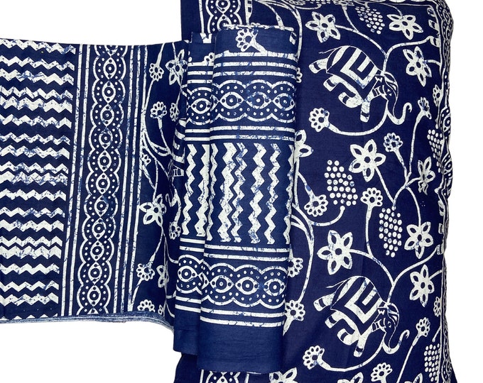 Rectangular Hand stamped indigo Block Printed Bedsheet With 2 zipped Pillow Covers Soft  Comfy Bedspread House blessing gift (60*90) B29