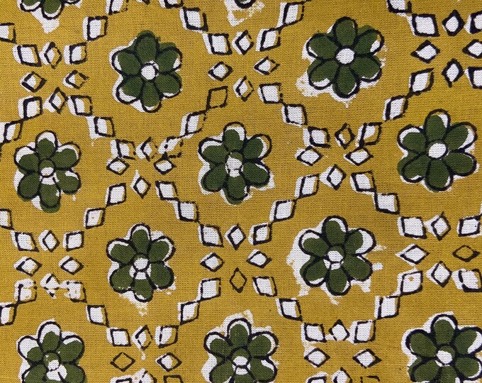 Green Flowers Beautiful Hand Block Batik Printed Fabric, Cotton Fabric, Indian Fabric,, Block Printed Cotton women's clothing Fab551