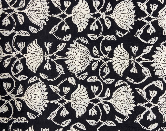 Black-White floral print cotton fabric block print fabric dress Vegetable dyed Indian fabric handmade fabric by yard women's clothing Fab511