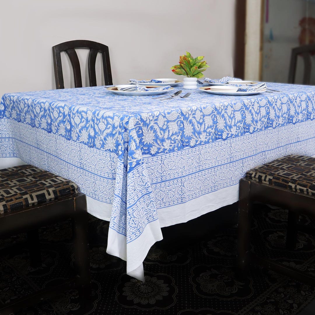 Tovaglia Rettangolare ATOSII Jade, 160x250 Cm, Tela Di Cotone 100%, Stampata A Mano Floreale, Boho