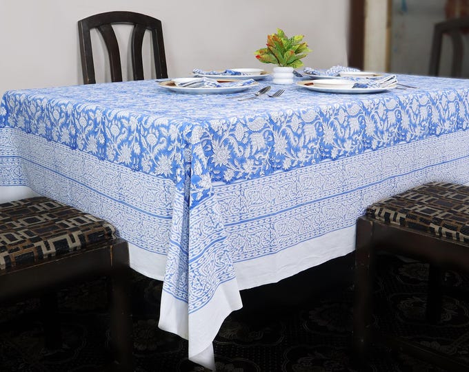 8 Seater Rectangular Floral Tablecloth with Napkin set, Jaipur Tablecloth Indian Block Print Cotton table Cover, Housewarming Gift