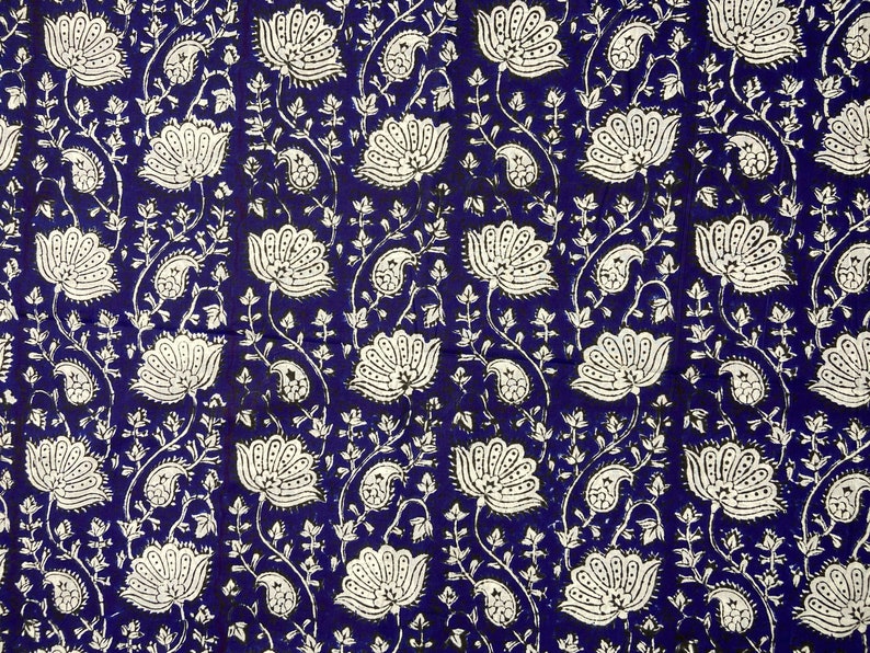 The Block Print 100% Cotton Bagru/jaipur Fabric White/cobalt Blue Lotus ...