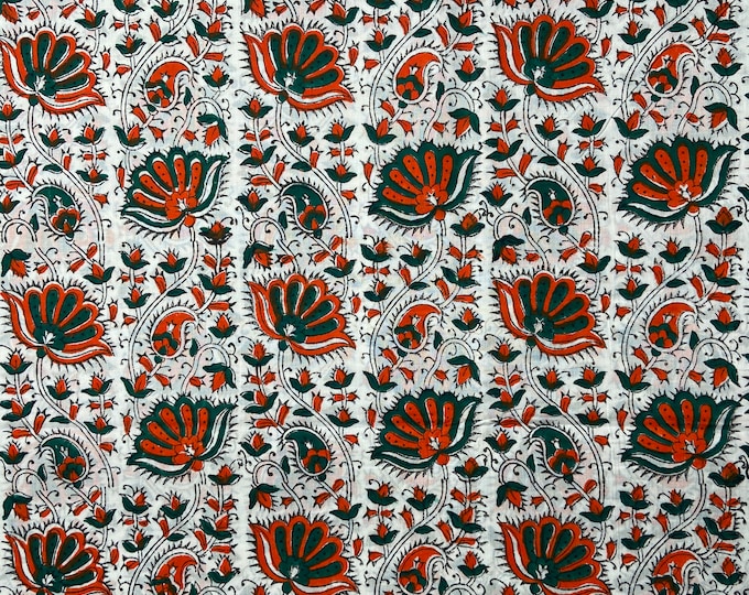 The Block print 100% cotton kalamkari Fabric; White/Background red green  Lotus FAB107 Fabricwala