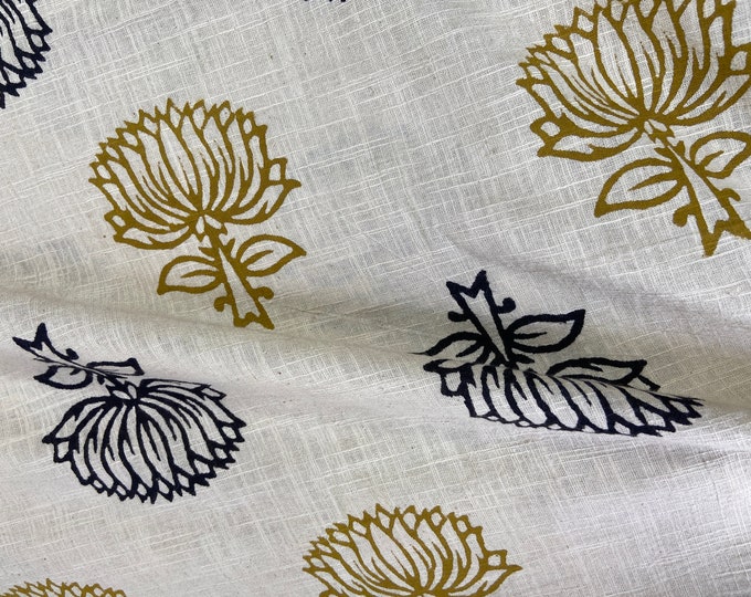 Lotus Black and Mustard Indian Block Printed Fabric, Dressmaking Quality Cotton Fabrics, Floral Printed Fabric, Quilt Making Fabric Fab009