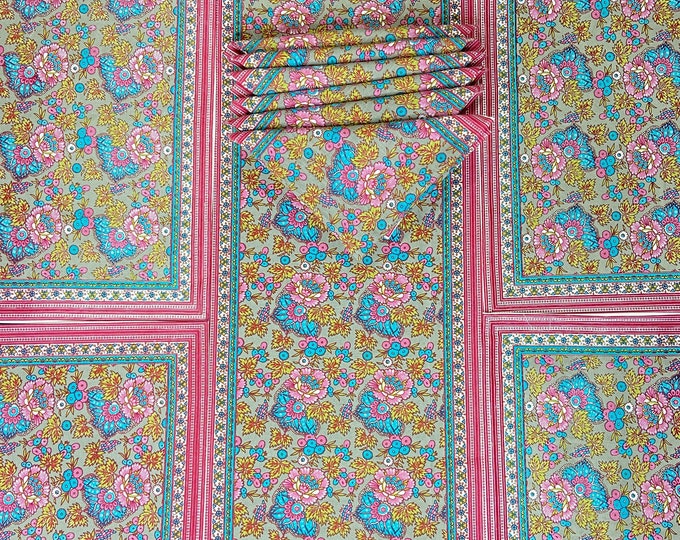 Rectangular Pink/Blue Floral set- 1 Table Runner 6 Placemats 6 Napkins/Serviettes Cotton Canvas Fabric Vegan dyes at Fabricwala