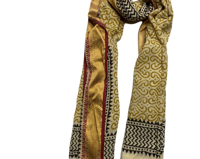Hand Block Print Cotton Scarves with Golden Border, Versatile Beach Wraps & Summer Sarongs