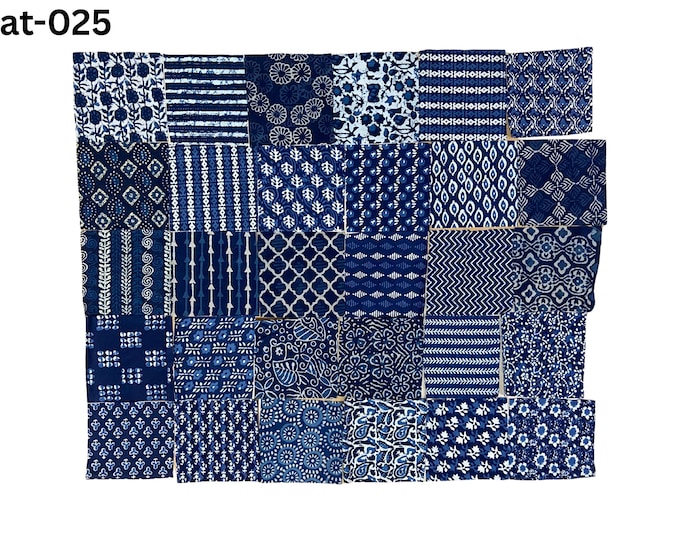 Indigo Cotton Fat Quarters Indian hand block printed patch - scrap bundle - fabric scraps cotton