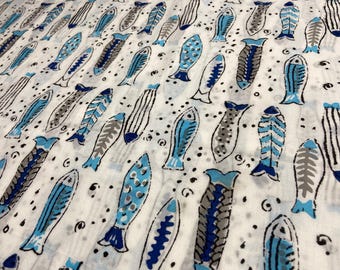 White Cotton Fabric with Blue Fish Print | Hand Block Printed Indian Fabric | Soft Handmade Fabric by the Yard  Fab541