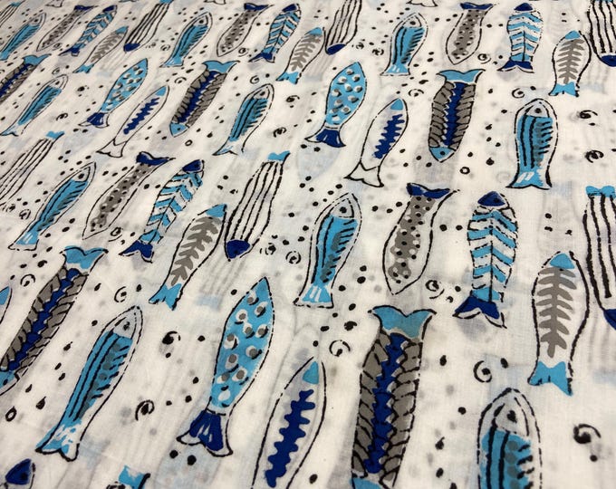 White Cotton Fabric with Blue Fish Print | Hand Block Printed Indian Fabric | Soft Handmade Fabric by the Yard  Fab541