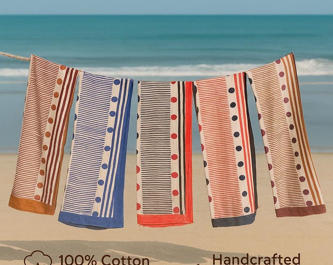 Hand Block Printed Zari Cotton Sarong | Beach Wrap Pareo | Large Cotton Scarf | Soft Cover-Up | Lightweight Shawl | Boho Holiday Accessory