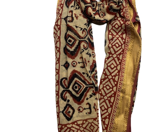 Golden Border Cotton Hand Block Print Sarongs, Beach Wraps, & Chic Summer Scarves