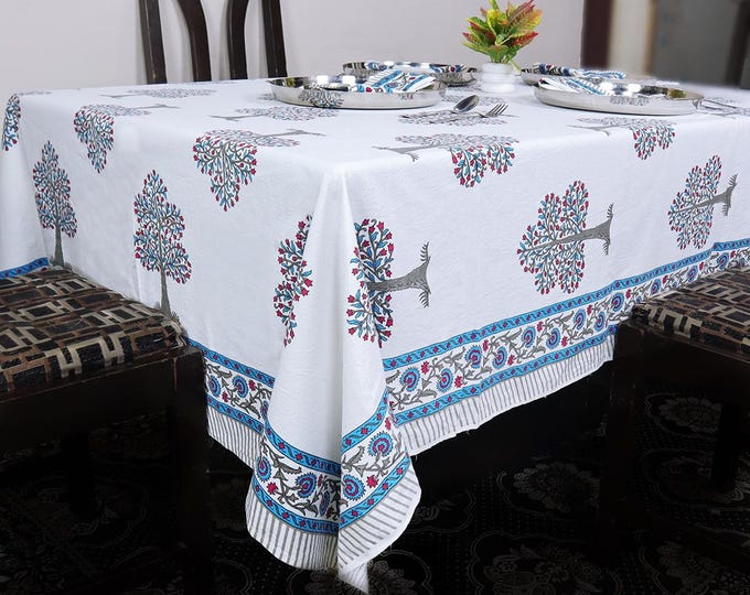 6-8 Seater In Same Print in Rectangular Tree of Life Indian Block Print Cotton Tablecloth with Square Napkin set, Dinning Table Cover
