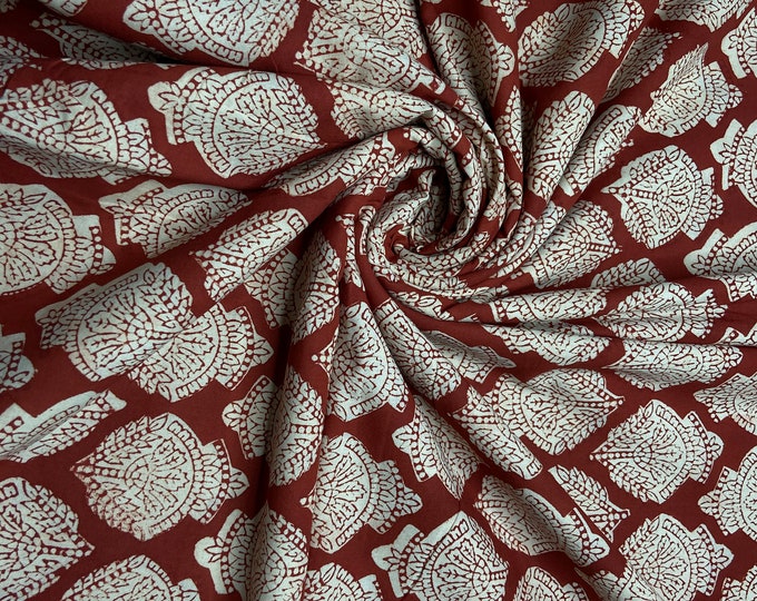 The Block Print 100% cotton kalamkari Fabric Red Wine floral midi dress fabric; FAB524