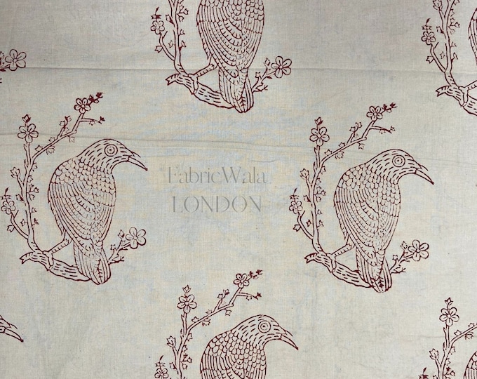 Red Bird Pattern in Coffee background Hand Block Print 100% cotton Fabric Quilting Cotton Fabric Jaipur Hand Block Print at fabricwalaFAB139