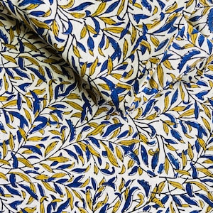 Bellissimo tessuto William Morris Willow Bough stampato a mano in 100% cotone in blu senape Design a foglie Tessuto britannico tagliato su misura