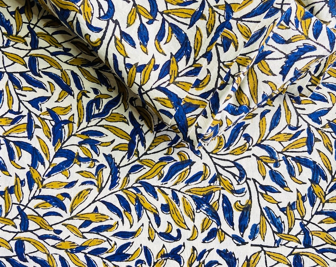 Beautiful Hand Block Printed 100 % cotton William Morris Willow Bough fabric in blue mustard Leaves design British fabric fabric by yard