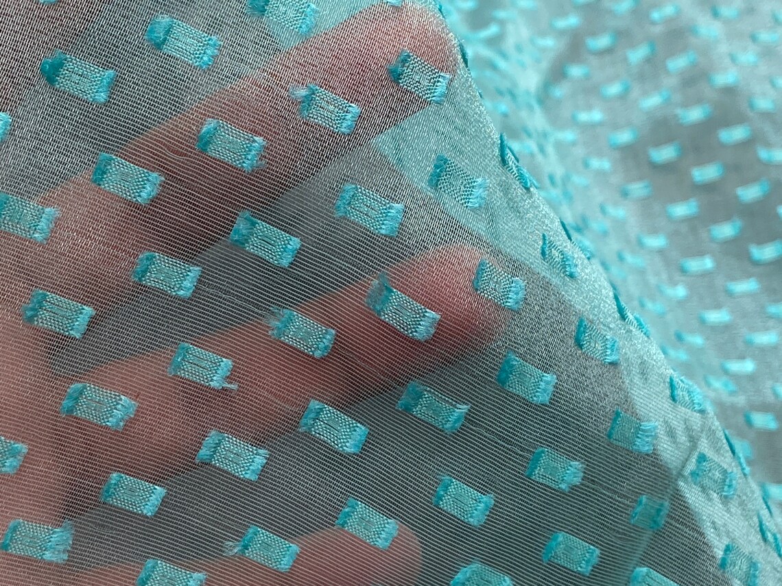 Turquoise blue net curtain fabric Embroidered Pattern Window | Etsy