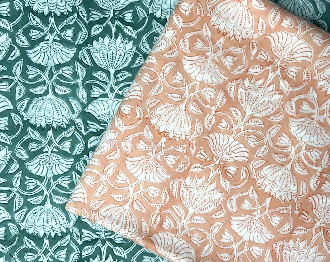 Green & Coral Indian Floral Hand Block Printed 100% Cotton Cloth, Fabric by the Yard, Fabric for Curtains Pillows Dress Making Fabric fab535