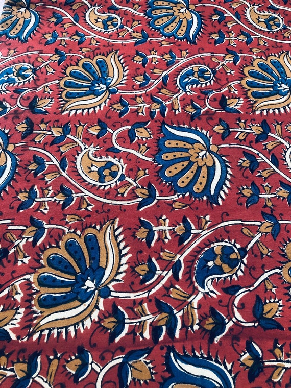 Block Print 100 Cotton Kalamkari Fabric Red Wine cobalt Blue Lotus FAB107 Etsy